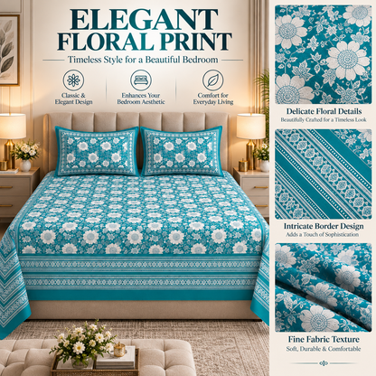 Heavenbirds 300 TC Premium Cotton Bedsheet with 2 Pillow Covers | Ultra Soft & Color Fade Resistant