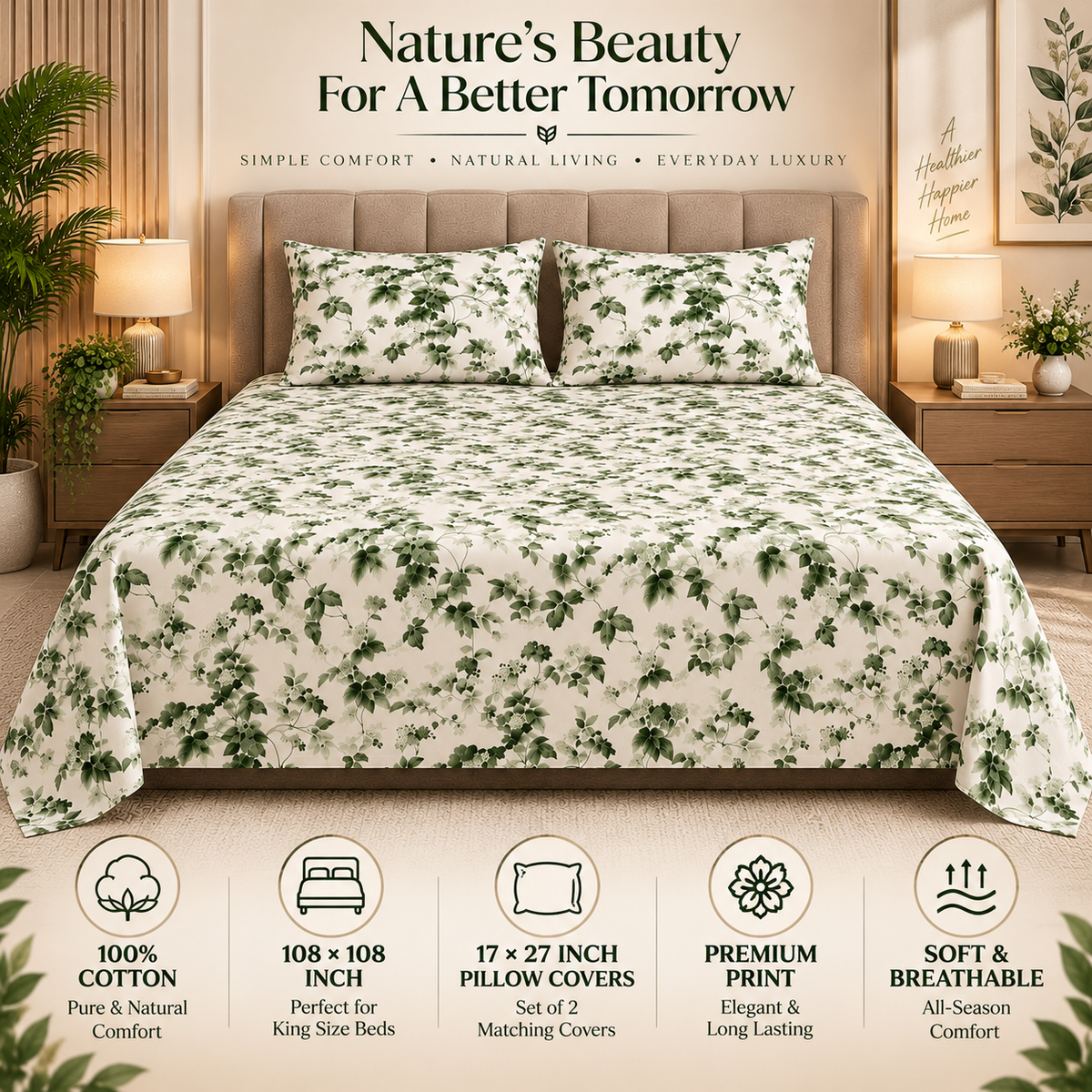 Heavenbirds 300 TC Premium Cotton Bedsheet with 2 Pillow Covers | Ultra Soft & Color Fade Resistant