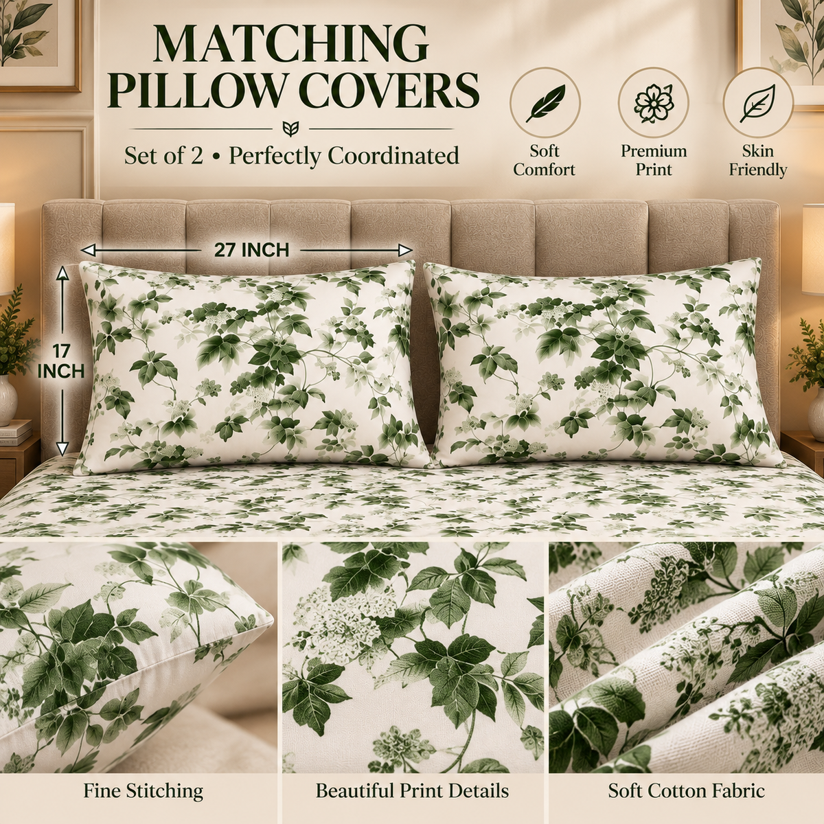 Heavenbirds 300 TC Premium Cotton Bedsheet with 2 Pillow Covers | Ultra Soft & Color Fade Resistant