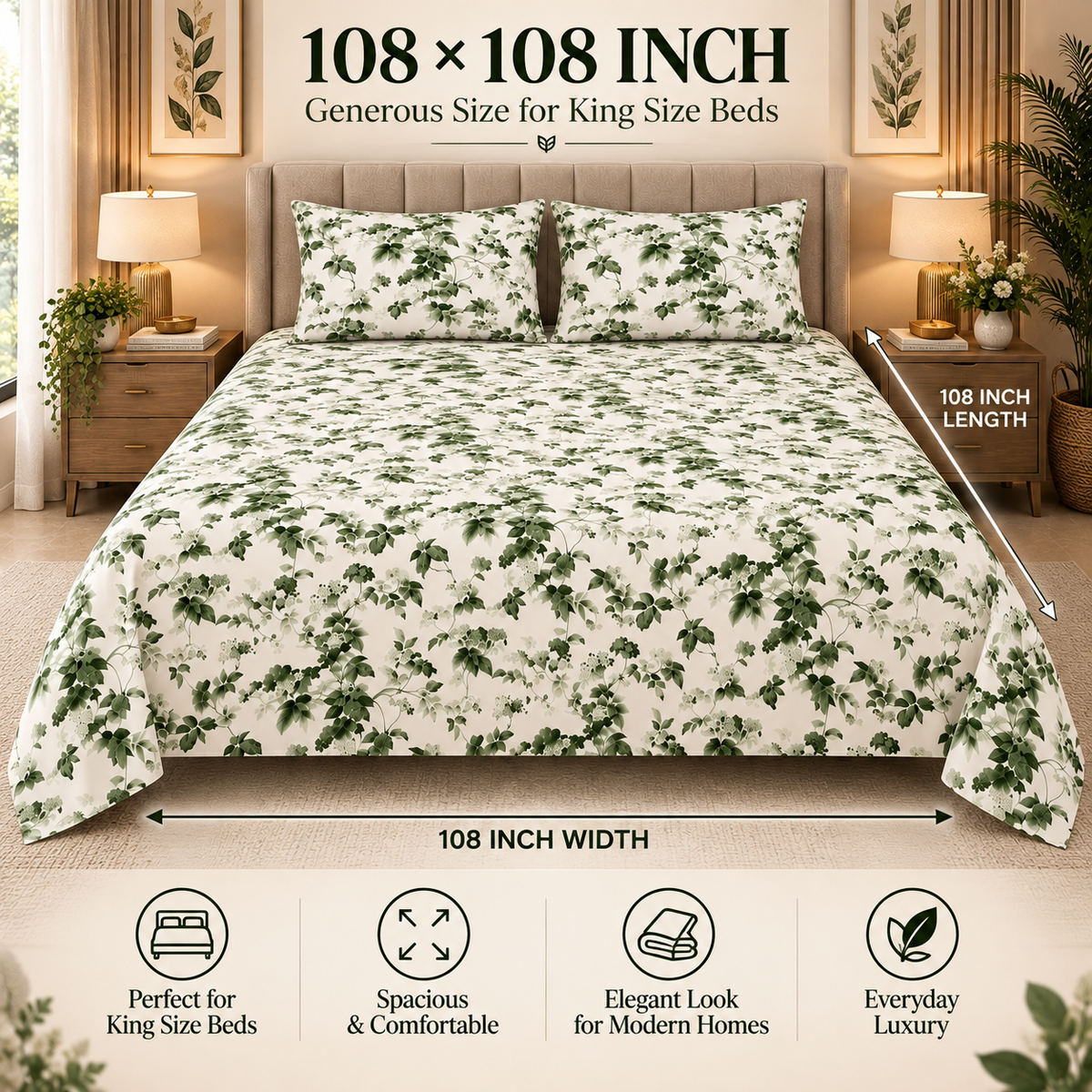 Heavenbirds 300 TC Premium Cotton Bedsheet with 2 Pillow Covers | Ultra Soft & Color Fade Resistant