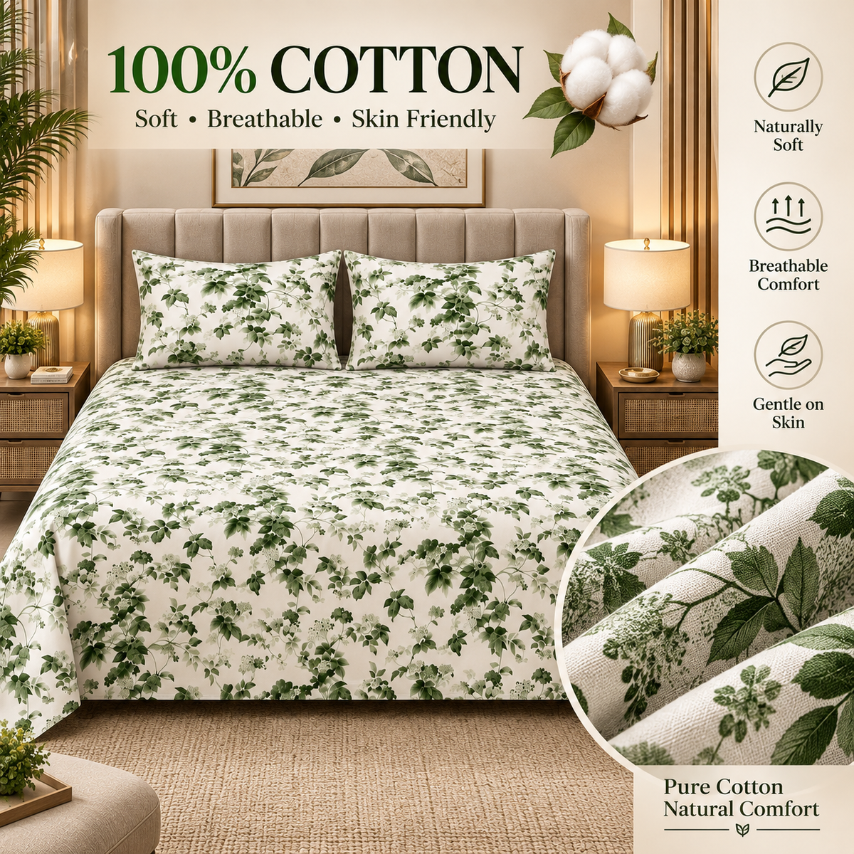 Heavenbirds 300 TC Premium Cotton Bedsheet with 2 Pillow Covers | Ultra Soft & Color Fade Resistant