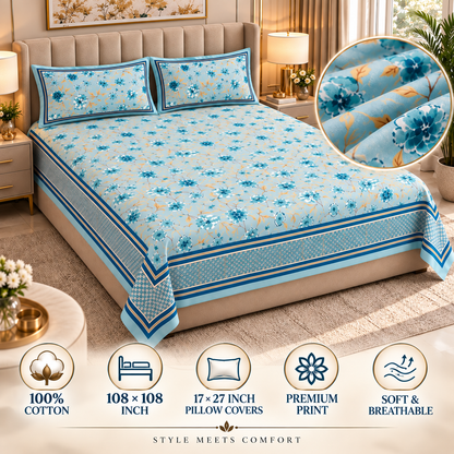Heavenbirds 300 TC Premium Cotton Bedsheet with 2 Pillow Covers | Ultra Soft & Color Fade Resistant