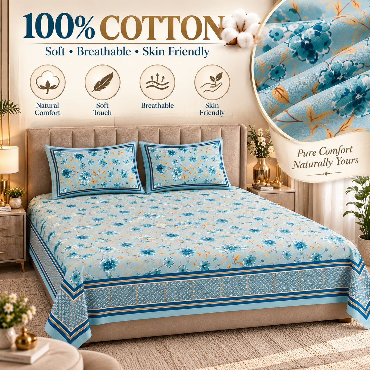 Heavenbirds 300 TC Premium Cotton Bedsheet with 2 Pillow Covers | Ultra Soft & Color Fade Resistant