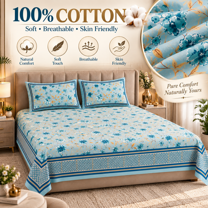 Heavenbirds 300 TC Premium Cotton Bedsheet with 2 Pillow Covers | Ultra Soft & Color Fade Resistant
