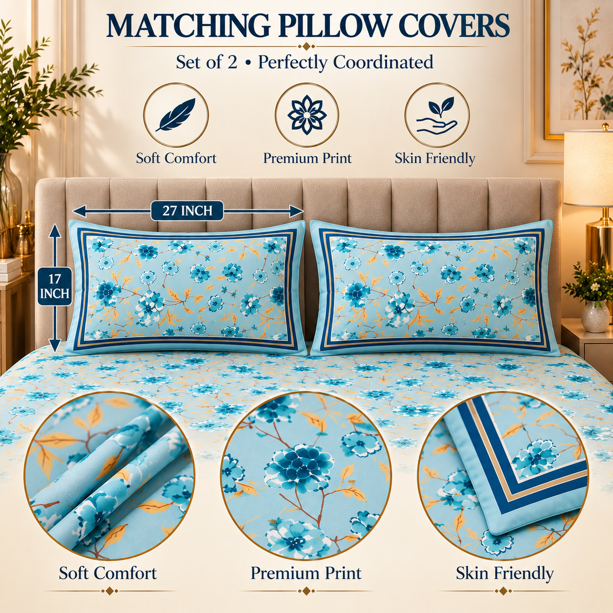 Heavenbirds 300 TC Premium Cotton Bedsheet with 2 Pillow Covers | Ultra Soft & Color Fade Resistant