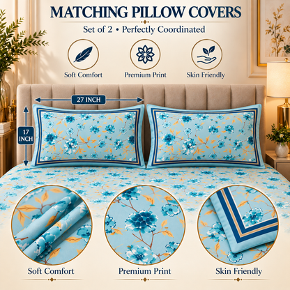 Heavenbirds 300 TC Premium Cotton Bedsheet with 2 Pillow Covers | Ultra Soft & Color Fade Resistant