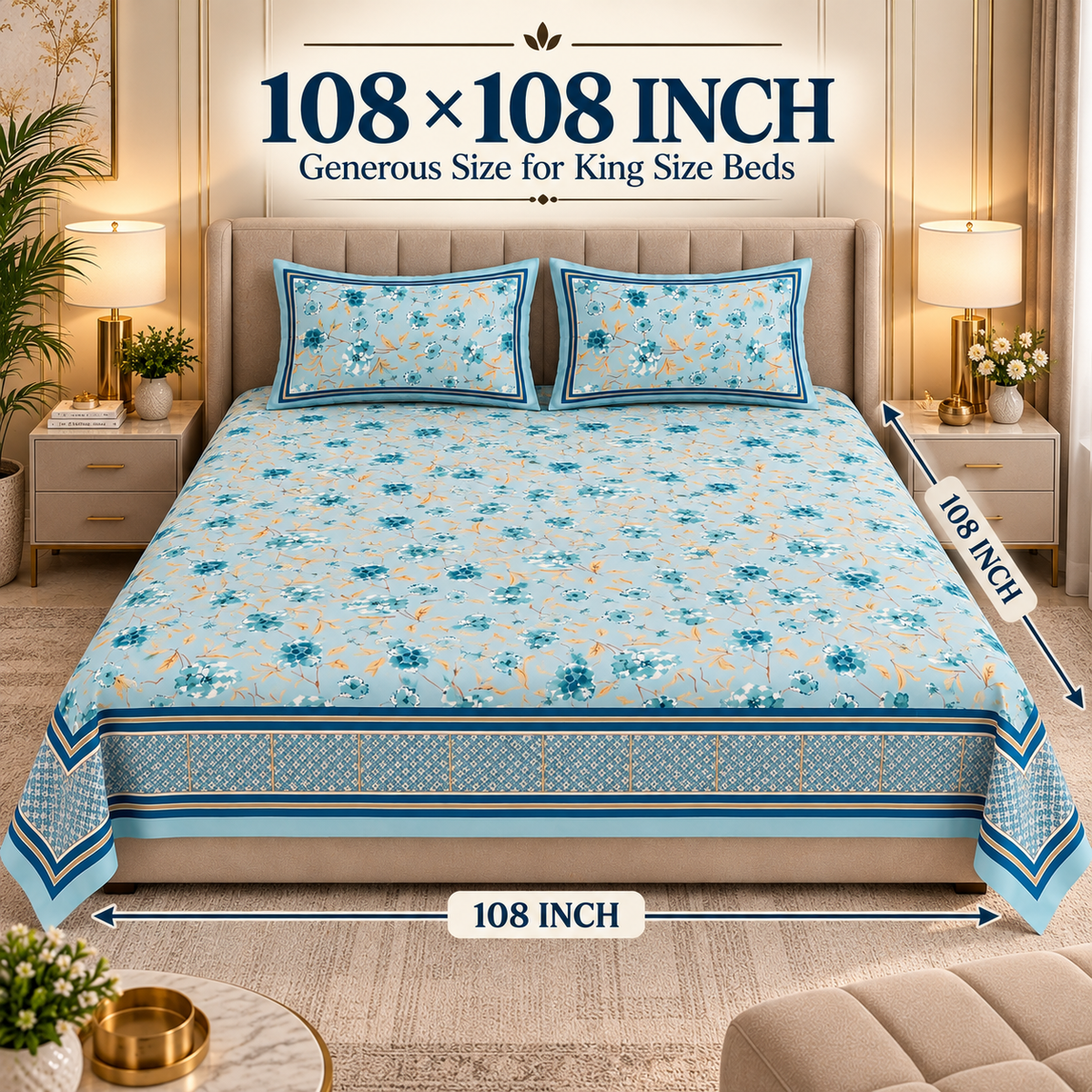 Heavenbirds 300 TC Premium Cotton Bedsheet with 2 Pillow Covers | Ultra Soft & Color Fade Resistant