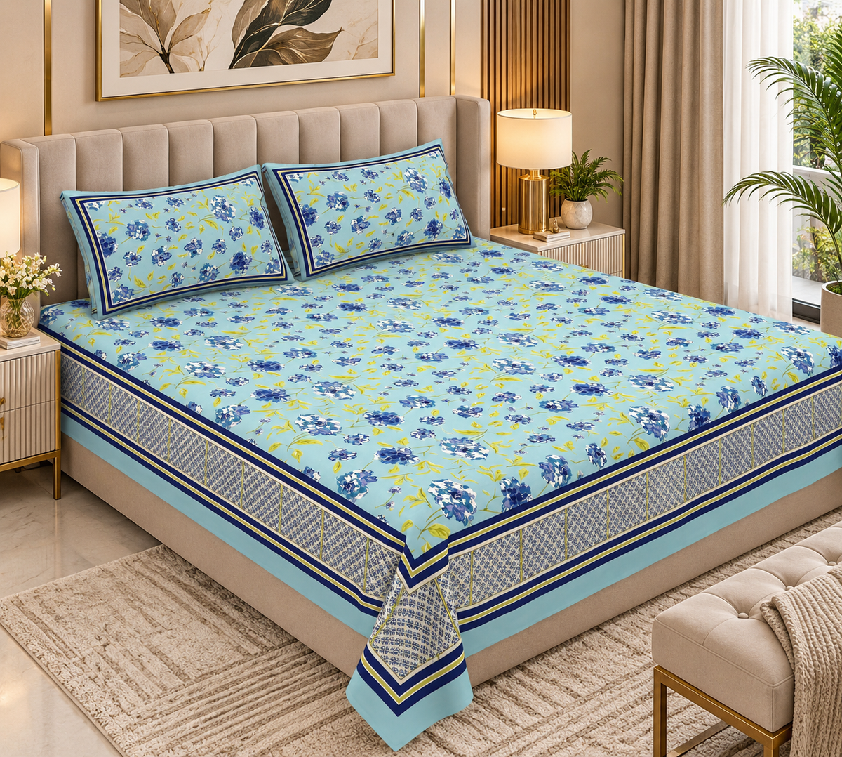 Heavenbirds 300 TC Premium Cotton Bedsheet with 2 Pillow Covers | Ultra Soft & Color Fade Resistant