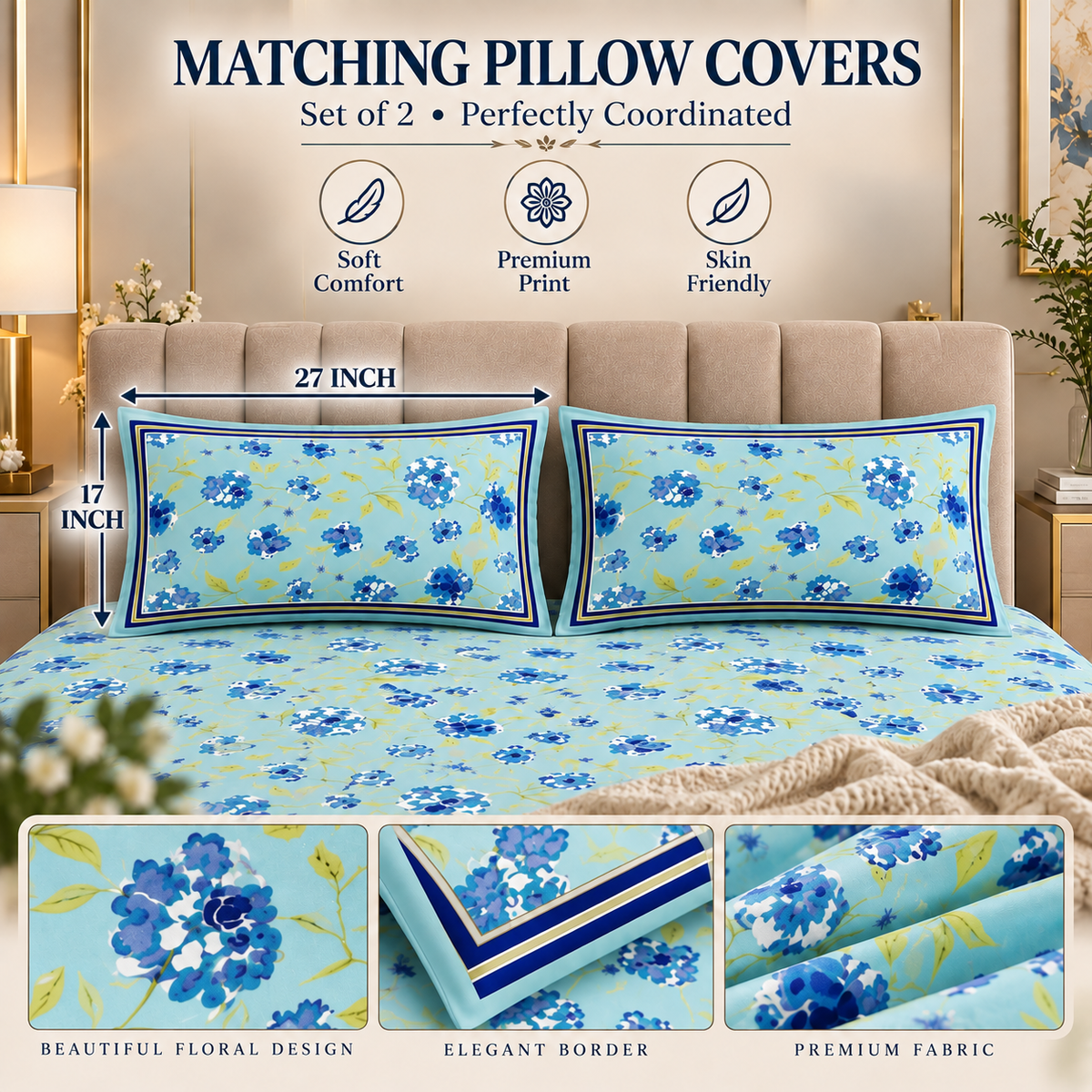 Heavenbirds 300 TC Premium Cotton Bedsheet with 2 Pillow Covers | Ultra Soft & Color Fade Resistant