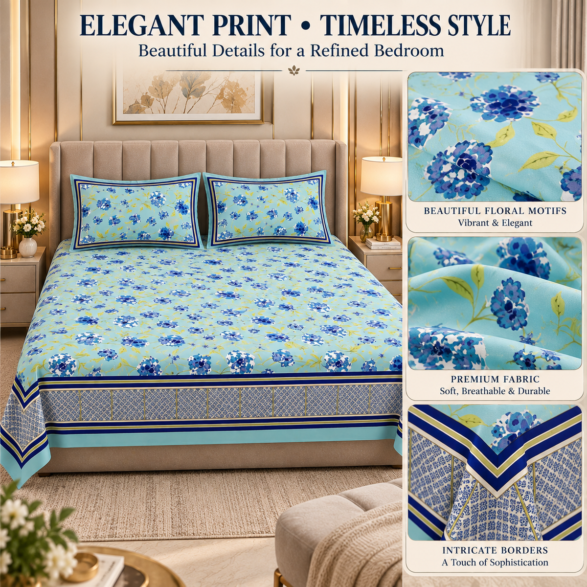 Heavenbirds 300 TC Premium Cotton Bedsheet with 2 Pillow Covers | Ultra Soft & Color Fade Resistant