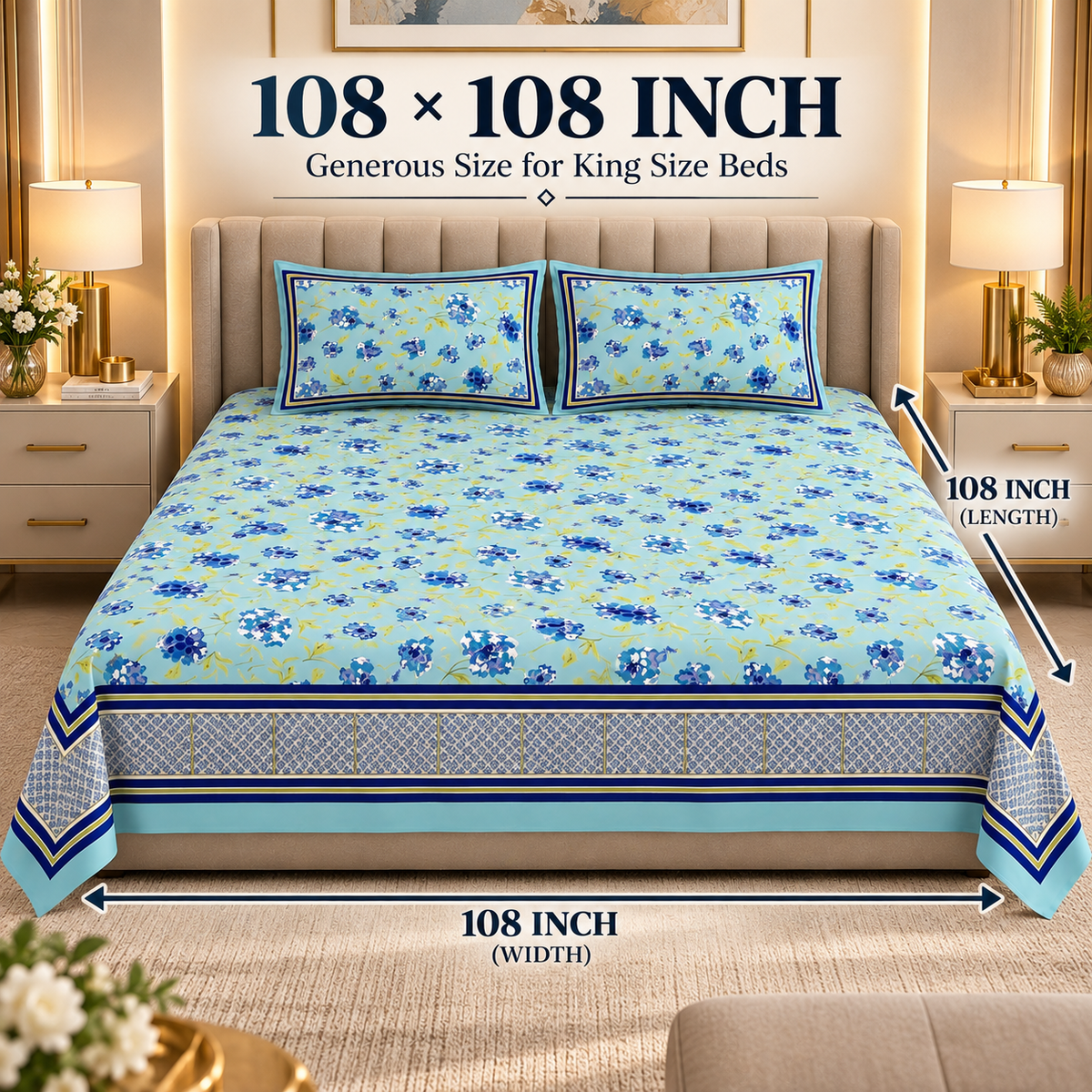 Heavenbirds 300 TC Premium Cotton Bedsheet with 2 Pillow Covers | Ultra Soft & Color Fade Resistant