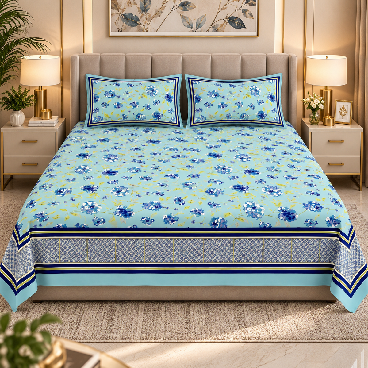 Heavenbirds 300 TC Premium Cotton Bedsheet with 2 Pillow Covers | Ultra Soft & Color Fade Resistant