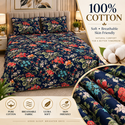 Heavenbirds 300 TC Premium Cotton Bedsheet with 2 Pillow Covers | Ultra Soft & Color Fade Resistant