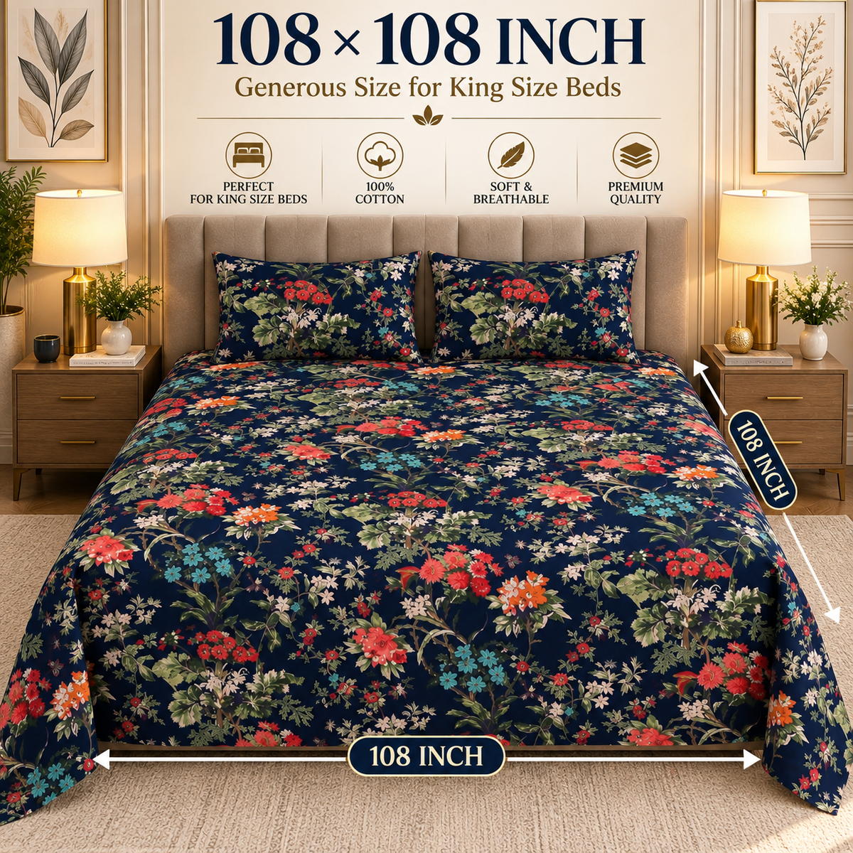 Heavenbirds 300 TC Premium Cotton Bedsheet with 2 Pillow Covers | Ultra Soft & Color Fade Resistant
