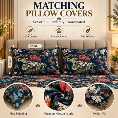 Heavenbirds 300 TC Premium Cotton Bedsheet with 2 Pillow Covers | Ultra Soft & Color Fade Resistant