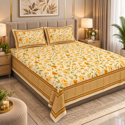 Heavenbirds 300 TC Premium Cotton Bedsheet with 2 Pillow Covers | Ultra Soft & Color Fade Resistant