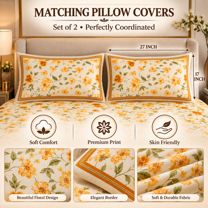 Heavenbirds 300 TC Premium Cotton Bedsheet with 2 Pillow Covers | Ultra Soft & Color Fade Resistant