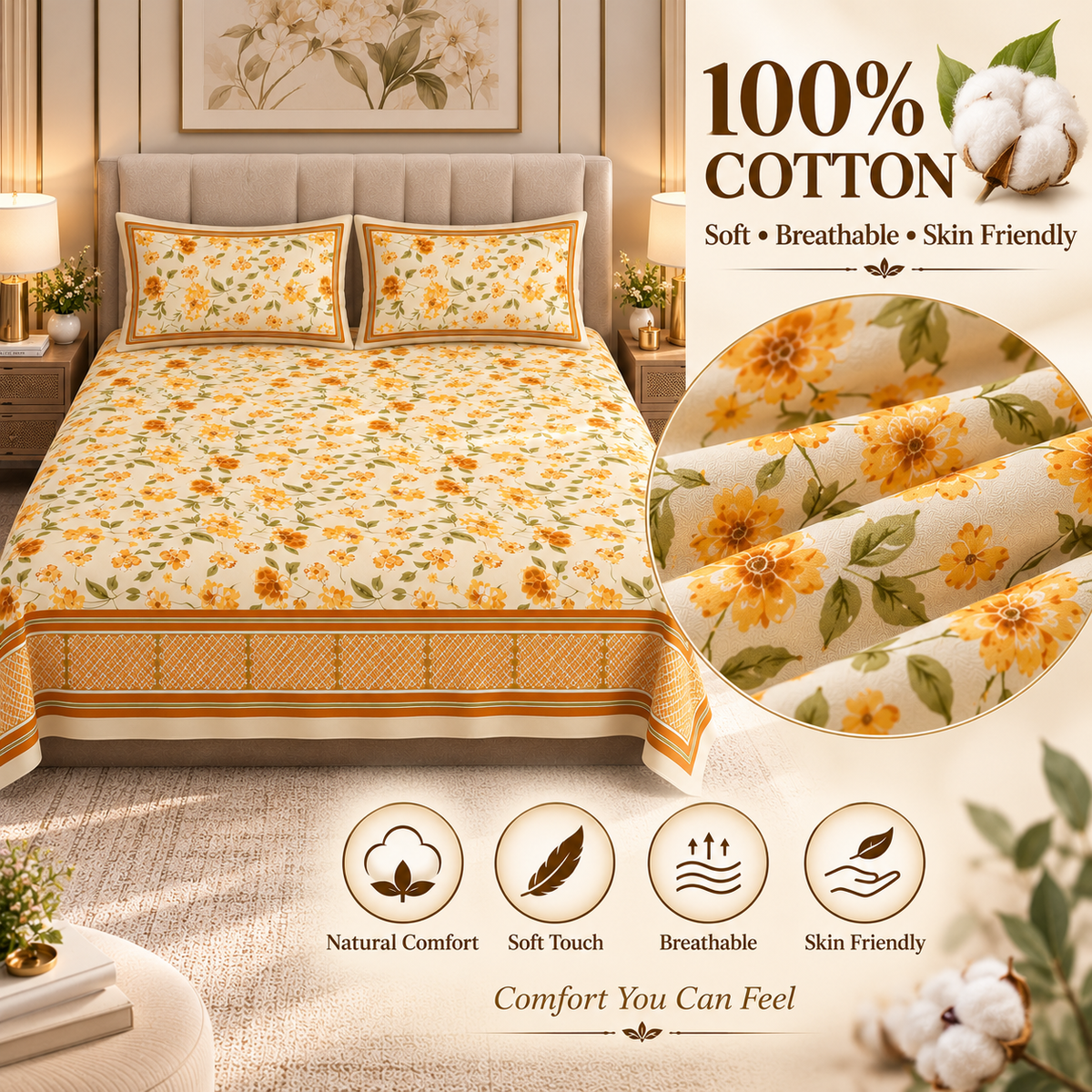 Heavenbirds 300 TC Premium Cotton Bedsheet with 2 Pillow Covers | Ultra Soft & Color Fade Resistant