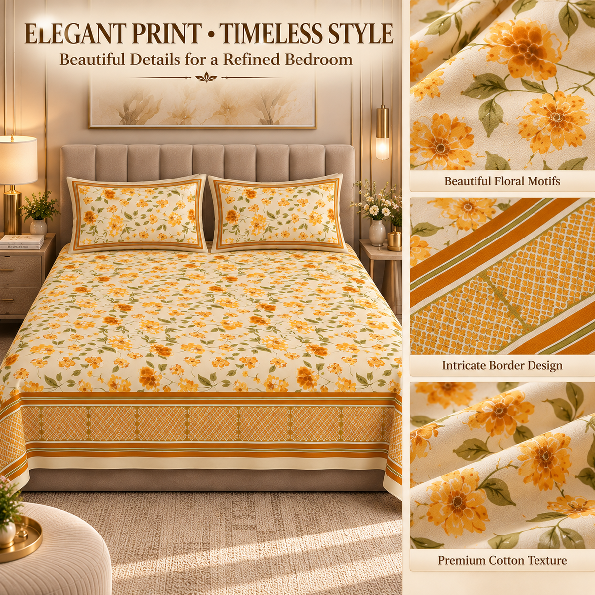 Heavenbirds 300 TC Premium Cotton Bedsheet with 2 Pillow Covers | Ultra Soft & Color Fade Resistant