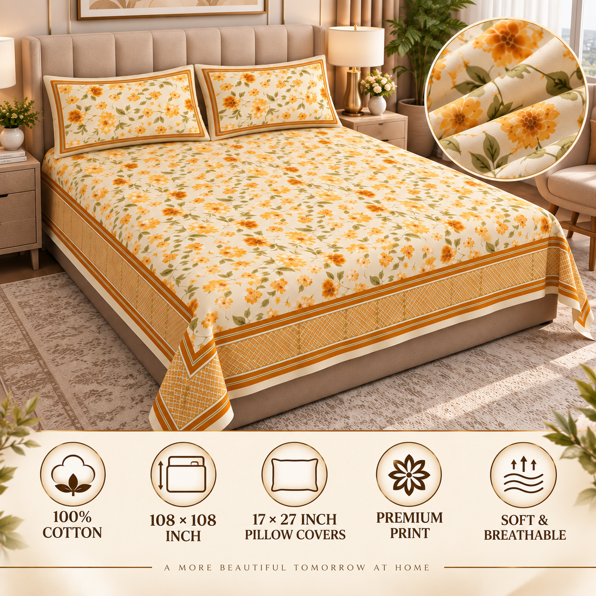 Heavenbirds 300 TC Premium Cotton Bedsheet with 2 Pillow Covers | Ultra Soft & Color Fade Resistant