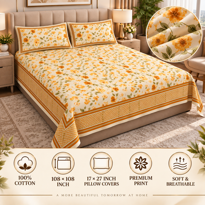 Heavenbirds 300 TC Premium Cotton Bedsheet with 2 Pillow Covers | Ultra Soft & Color Fade Resistant