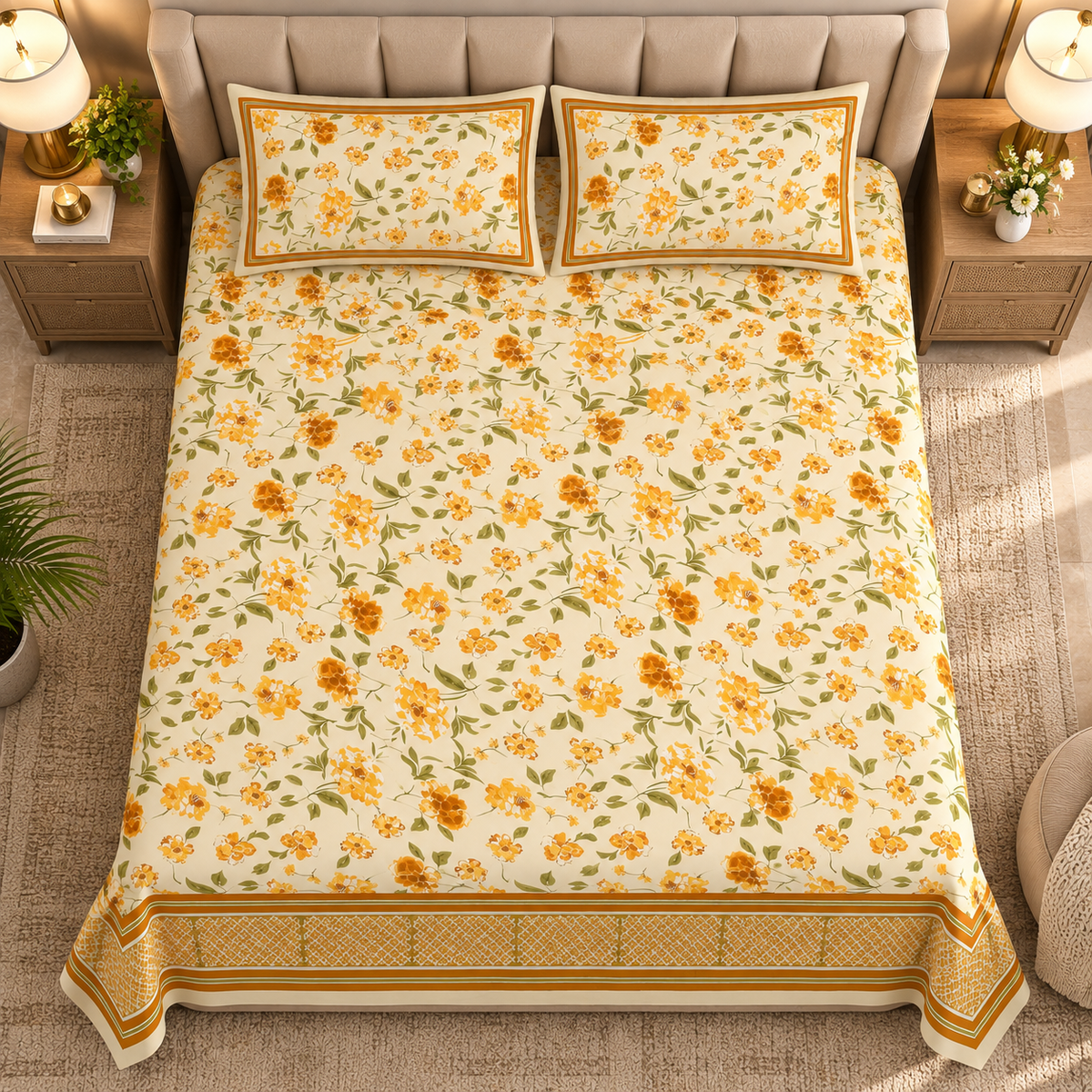 Heavenbirds 300 TC Premium Cotton Bedsheet with 2 Pillow Covers | Ultra Soft & Color Fade Resistant