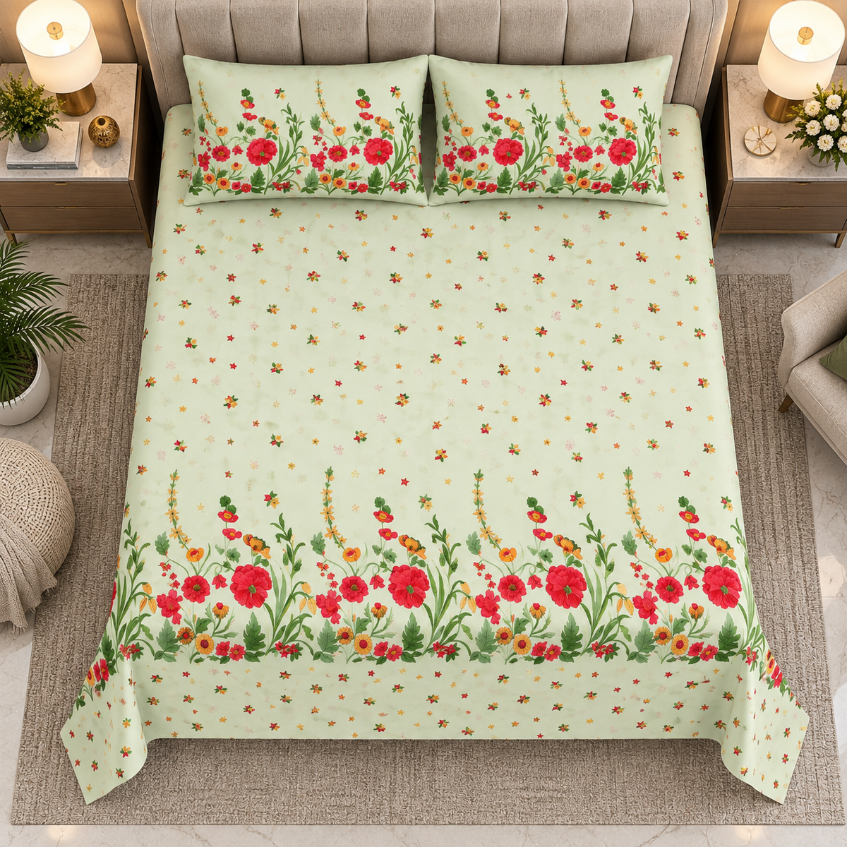 Heavenbirds 300 TC Premium Cotton Bedsheet with 2 Pillow Covers | Ultra Soft & Color Fade Resistant