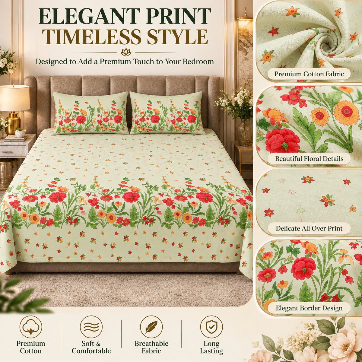 Heavenbirds 300 TC Premium Cotton Bedsheet with 2 Pillow Covers | Ultra Soft & Color Fade Resistant