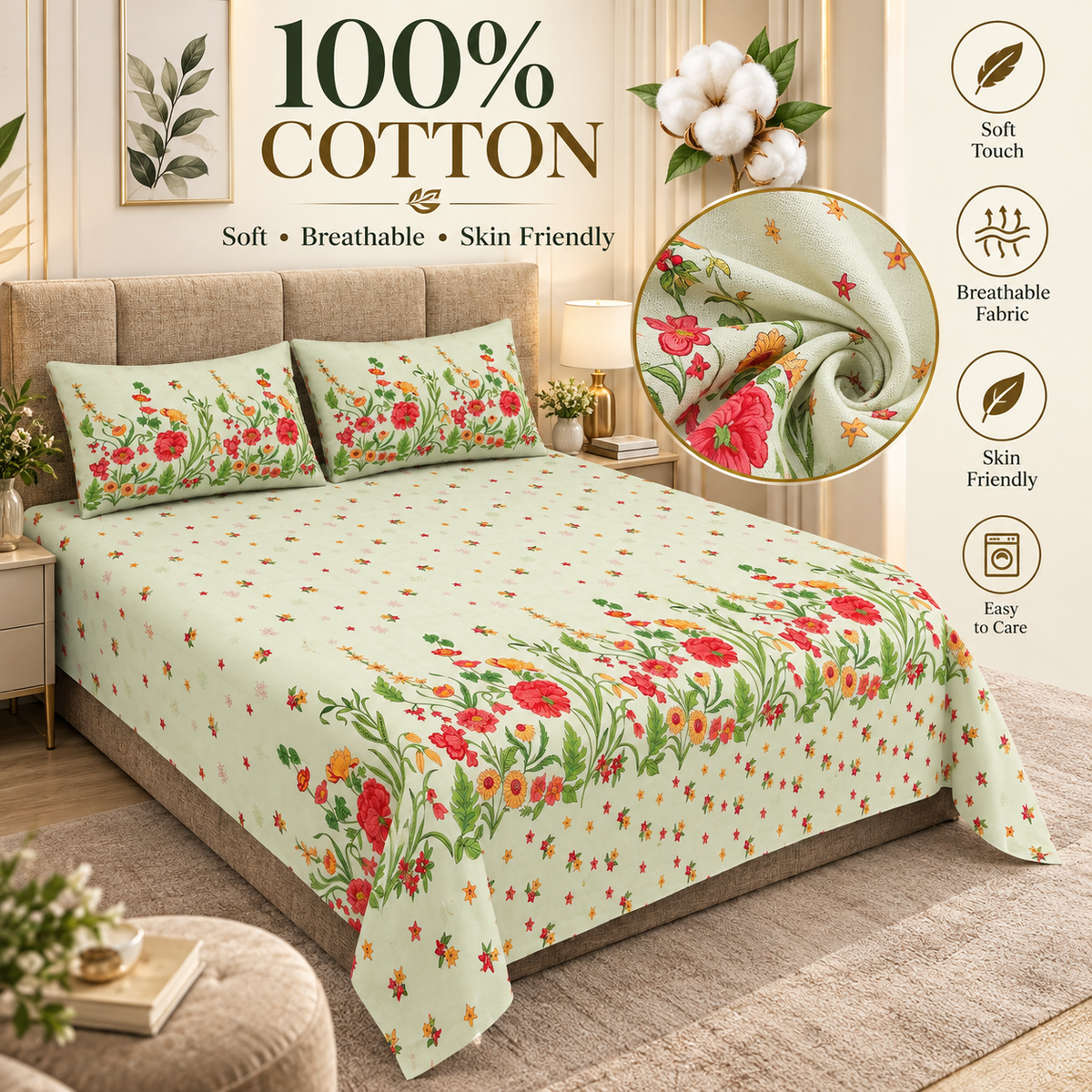 Heavenbirds 300 TC Premium Cotton Bedsheet with 2 Pillow Covers | Ultra Soft & Color Fade Resistant