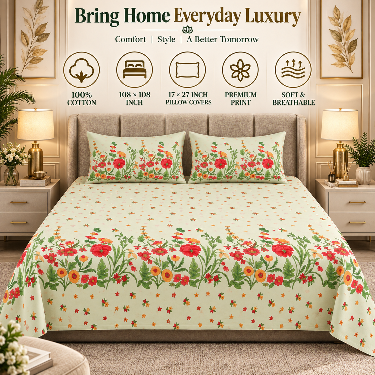 Heavenbirds 300 TC Premium Cotton Bedsheet with 2 Pillow Covers | Ultra Soft & Color Fade Resistant