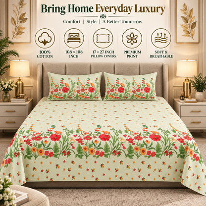 Heavenbirds 300 TC Premium Cotton Bedsheet with 2 Pillow Covers | Ultra Soft & Color Fade Resistant