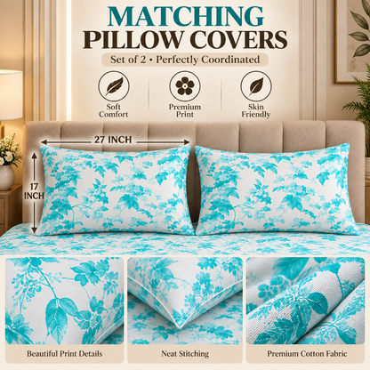 Heavenbirds 300 TC Premium Cotton Bedsheet with 2 Pillow Covers | Ultra Soft & Color Fade Resistant