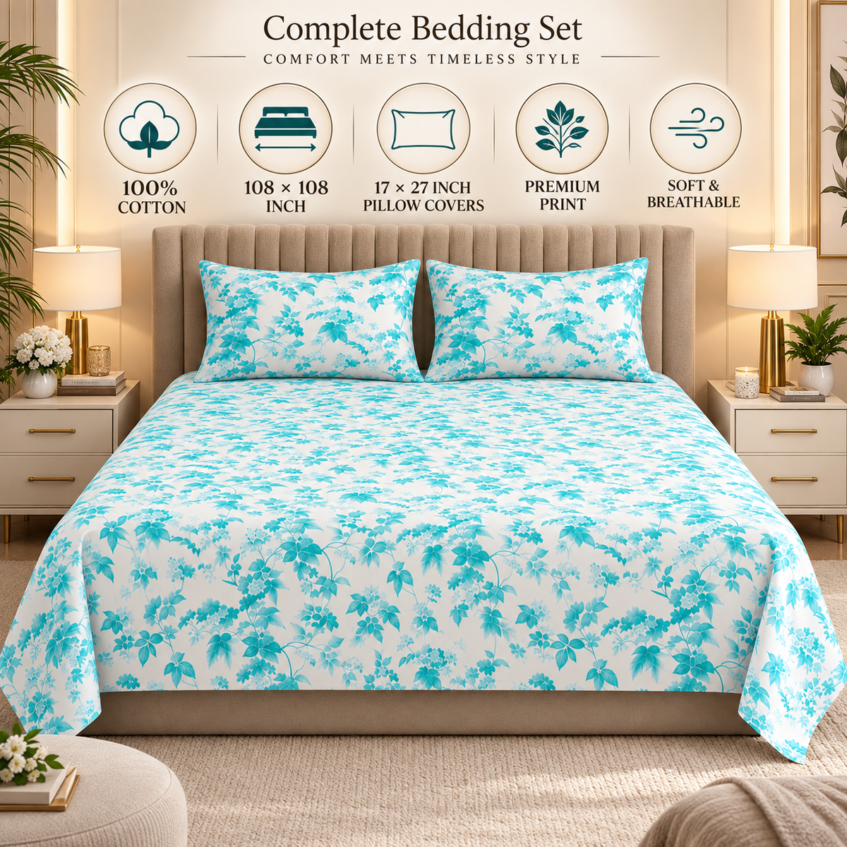 Heavenbirds 300 TC Premium Cotton Bedsheet with 2 Pillow Covers | Ultra Soft & Color Fade Resistant