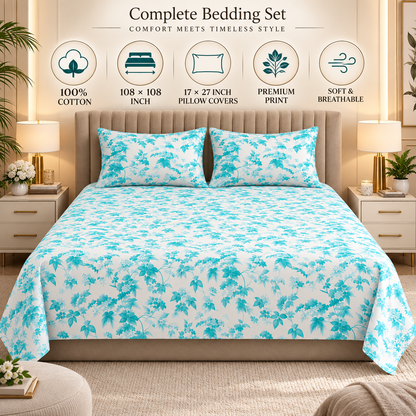 Heavenbirds 300 TC Premium Cotton Bedsheet with 2 Pillow Covers | Ultra Soft & Color Fade Resistant