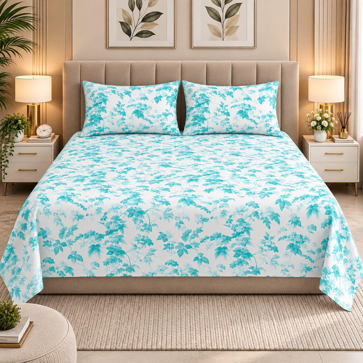 Heavenbirds 300 TC Premium Cotton Bedsheet with 2 Pillow Covers | Ultra Soft & Color Fade Resistant