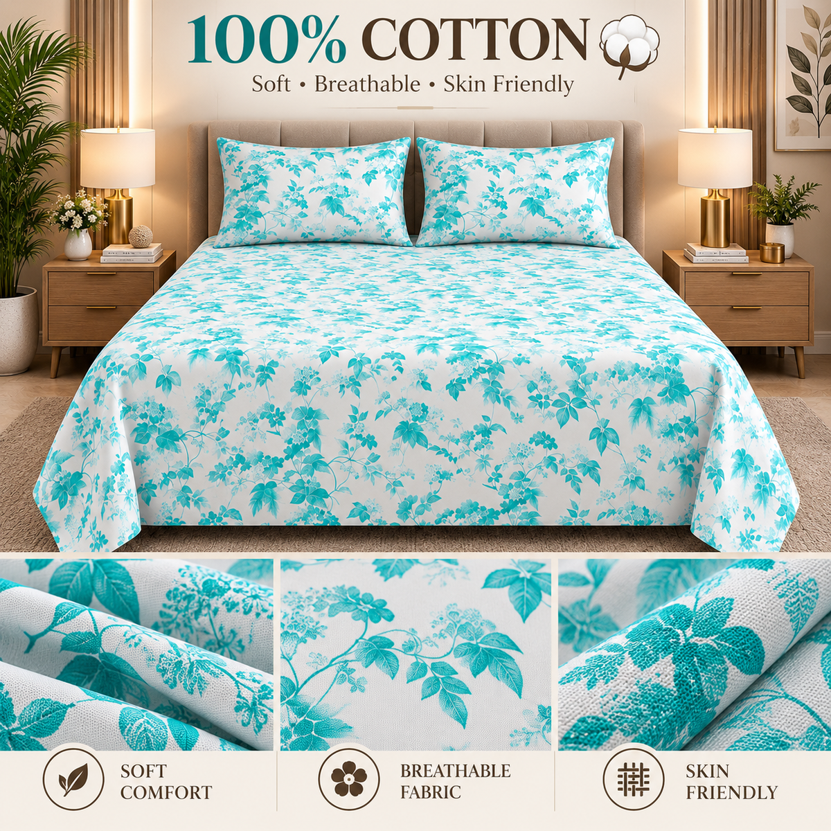 Heavenbirds 300 TC Premium Cotton Bedsheet with 2 Pillow Covers | Ultra Soft & Color Fade Resistant
