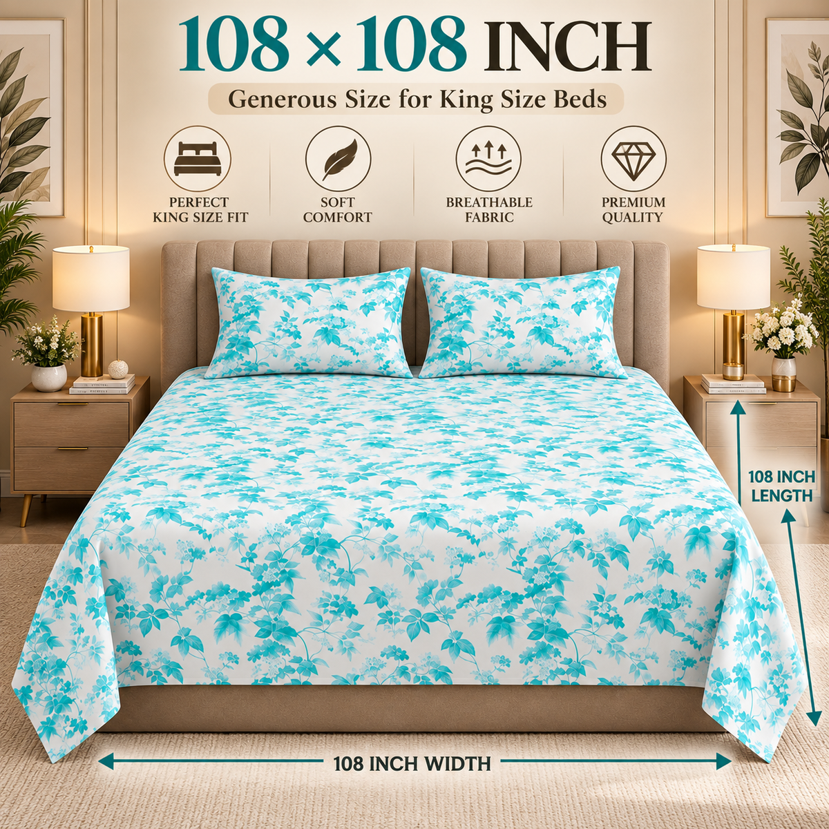 Heavenbirds 300 TC Premium Cotton Bedsheet with 2 Pillow Covers | Ultra Soft & Color Fade Resistant