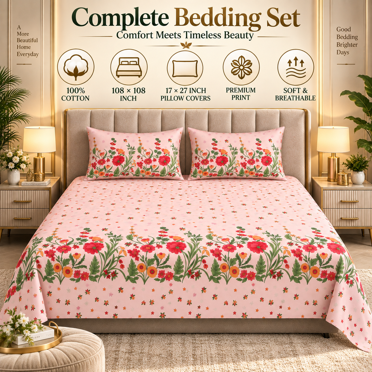 Heavenbirds 300 TC Premium Cotton Bedsheet with 2 Pillow Covers | Ultra Soft & Color Fade Resistant