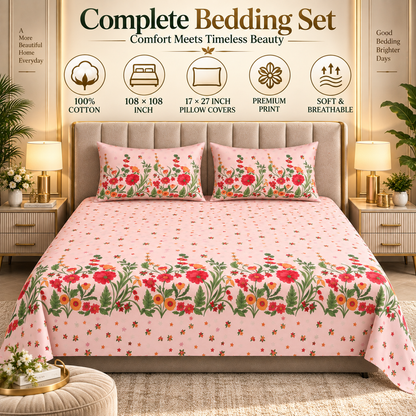 Heavenbirds 300 TC Premium Cotton Bedsheet with 2 Pillow Covers | Ultra Soft & Color Fade Resistant