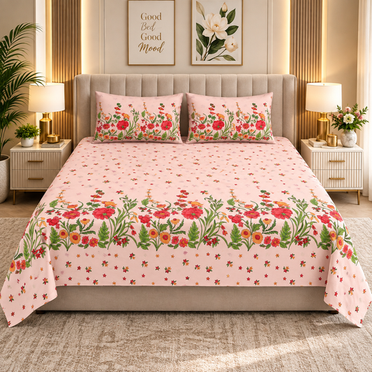 Heavenbirds 300 TC Premium Cotton Bedsheet with 2 Pillow Covers | Ultra Soft & Color Fade Resistant