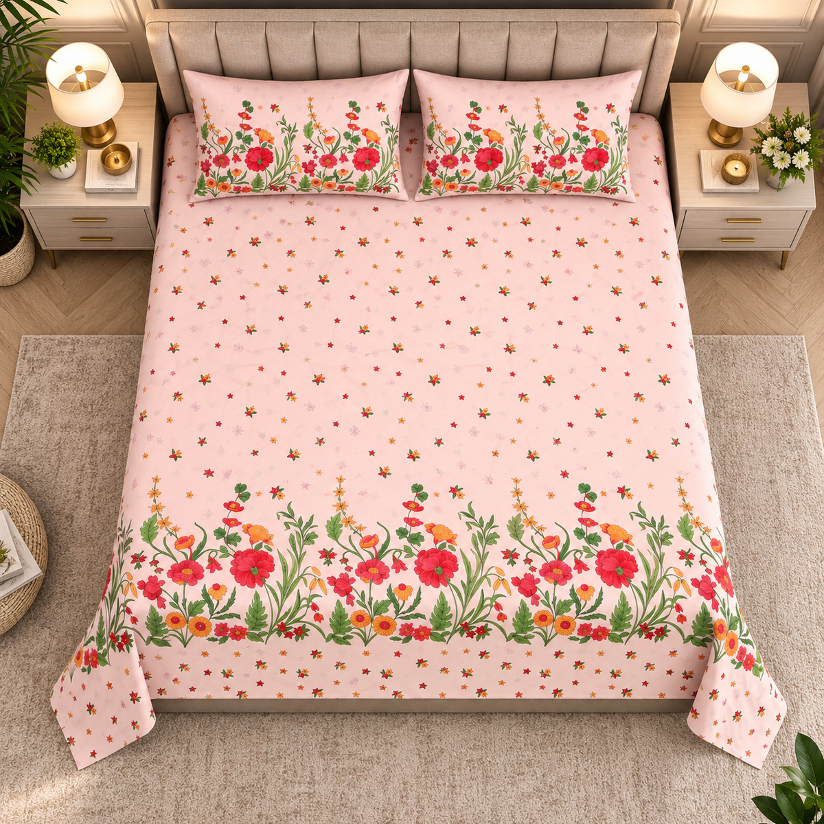 Heavenbirds 300 TC Premium Cotton Bedsheet with 2 Pillow Covers | Ultra Soft & Color Fade Resistant