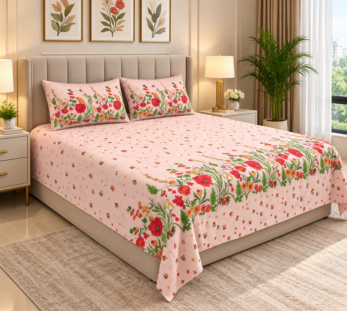 Heavenbirds 300 TC Premium Cotton Bedsheet with 2 Pillow Covers | Ultra Soft & Color Fade Resistant