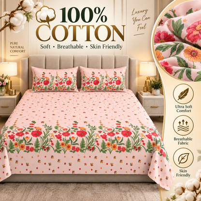 Heavenbirds 300 TC Premium Cotton Bedsheet with 2 Pillow Covers | Ultra Soft & Color Fade Resistant