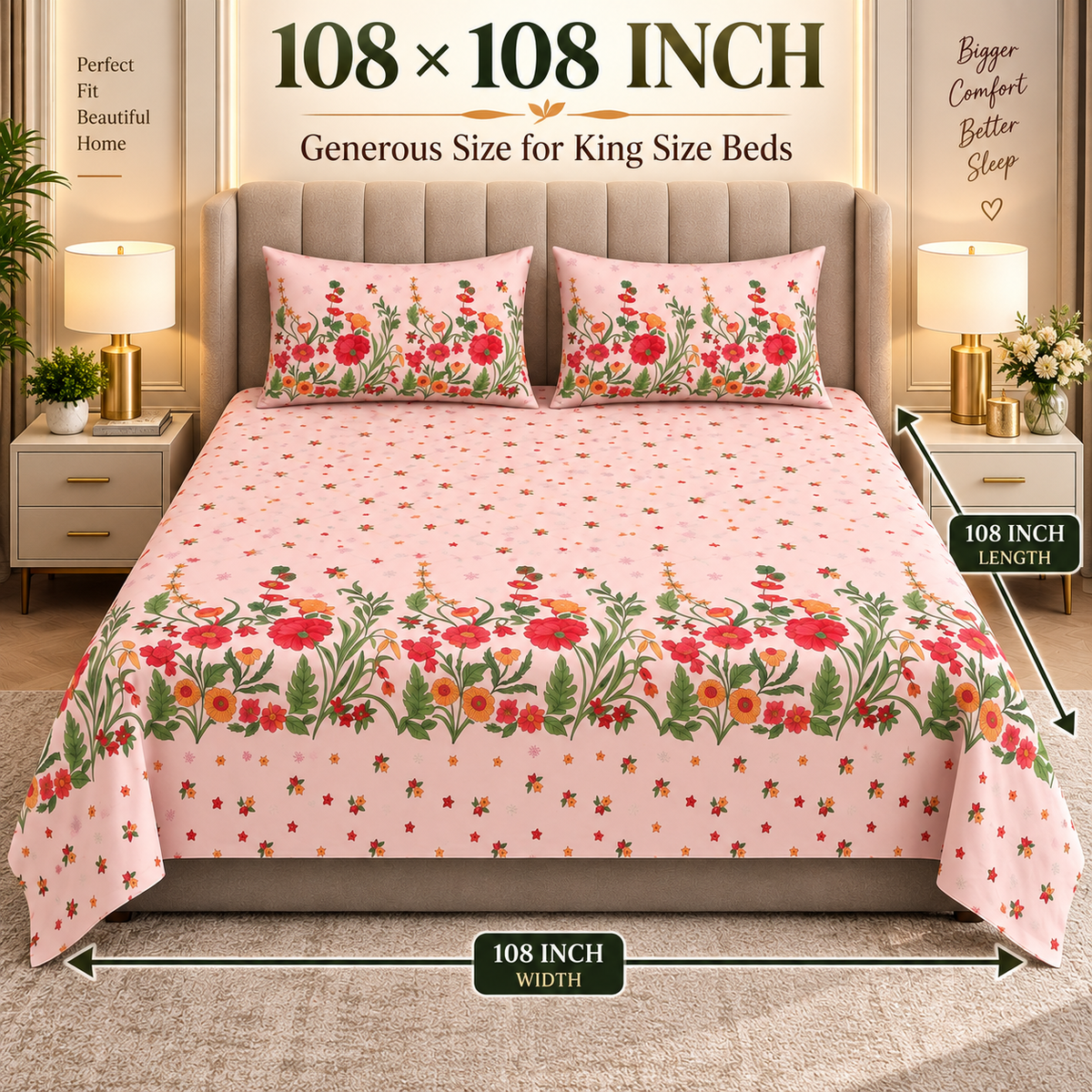 Heavenbirds 300 TC Premium Cotton Bedsheet with 2 Pillow Covers | Ultra Soft & Color Fade Resistant