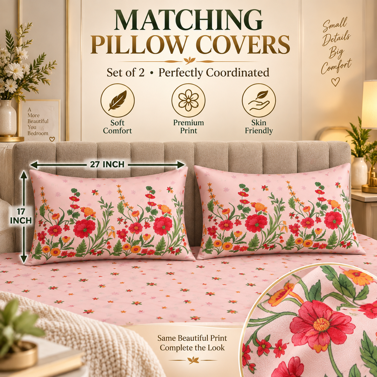 Heavenbirds 300 TC Premium Cotton Bedsheet with 2 Pillow Covers | Ultra Soft & Color Fade Resistant