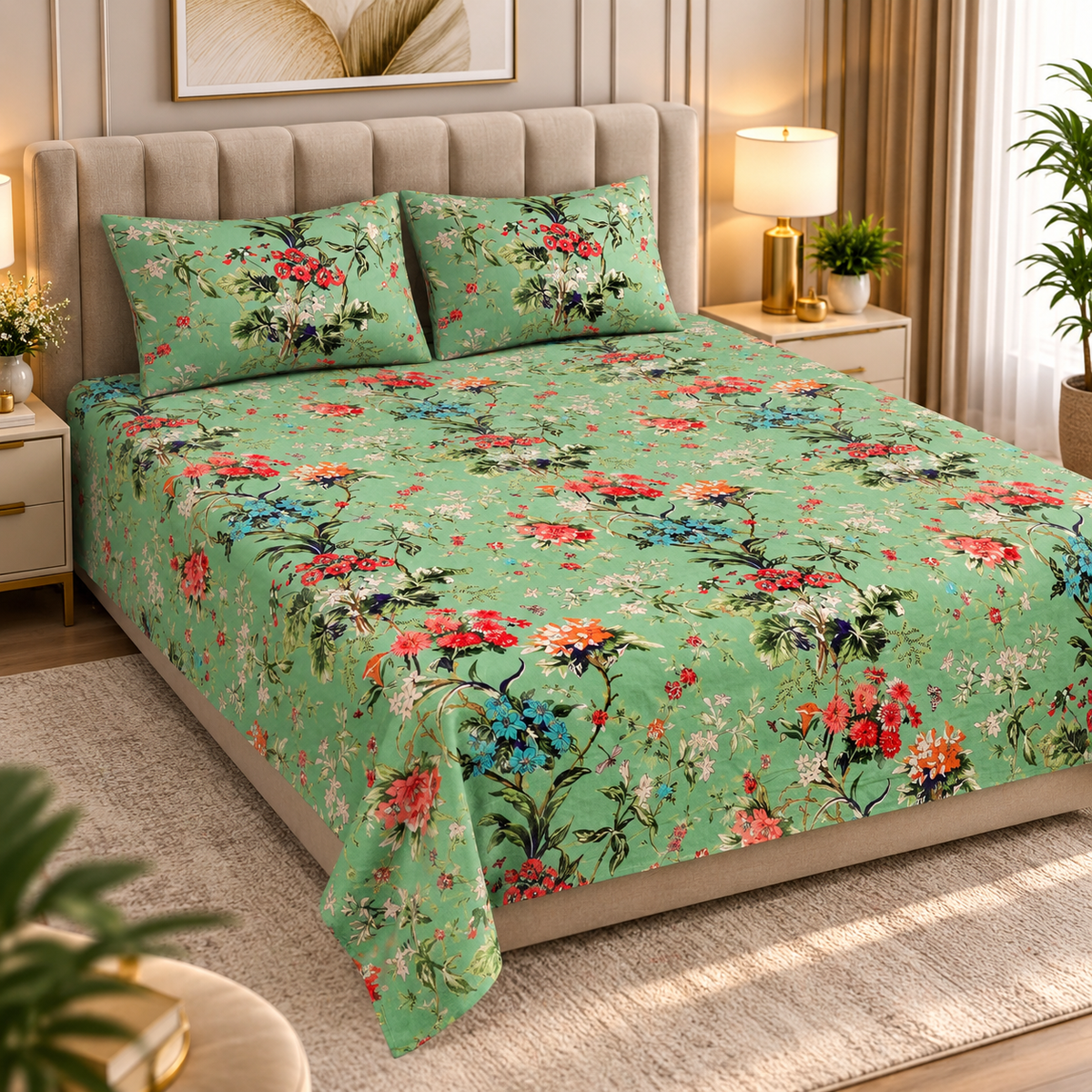 Heavenbirds 300 TC Premium Cotton Bedsheet with 2 Pillow Covers | Ultra Soft & Color Fade Resistant