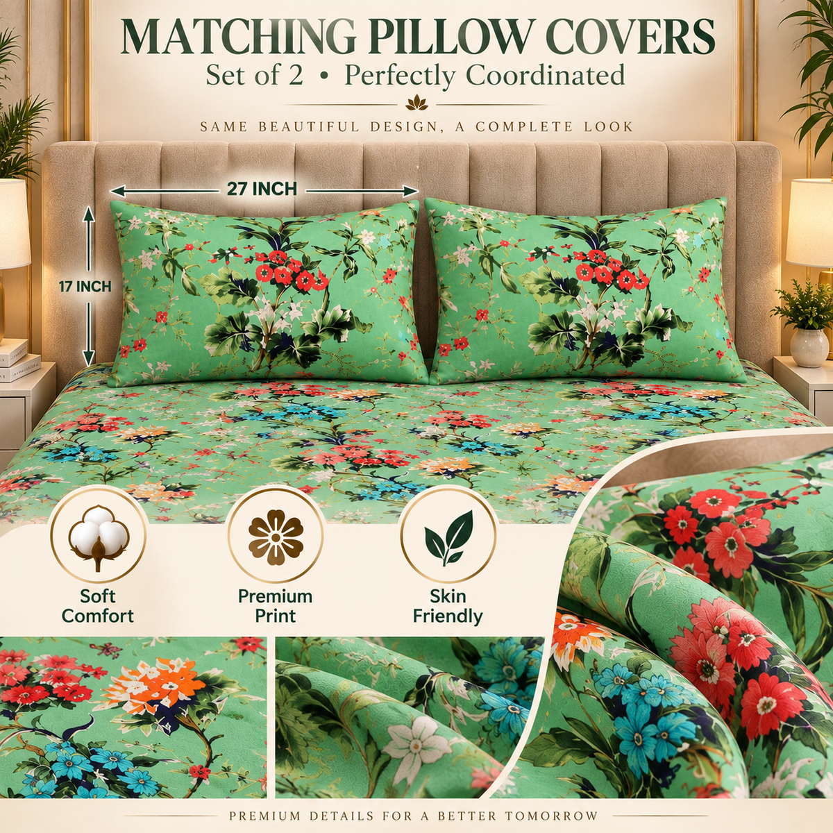 Heavenbirds 300 TC Premium Cotton Bedsheet with 2 Pillow Covers | Ultra Soft & Color Fade Resistant