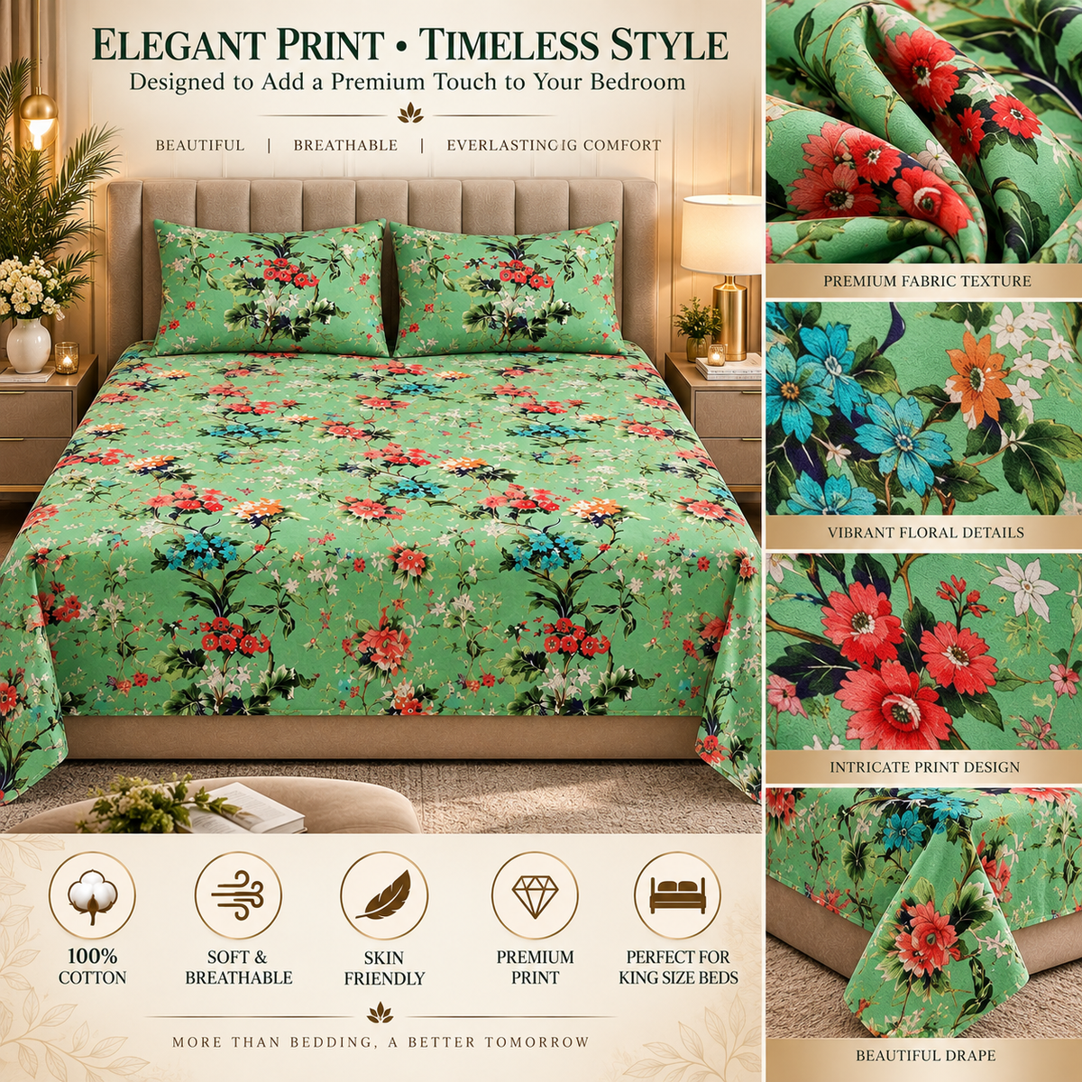Heavenbirds 300 TC Premium Cotton Bedsheet with 2 Pillow Covers | Ultra Soft & Color Fade Resistant