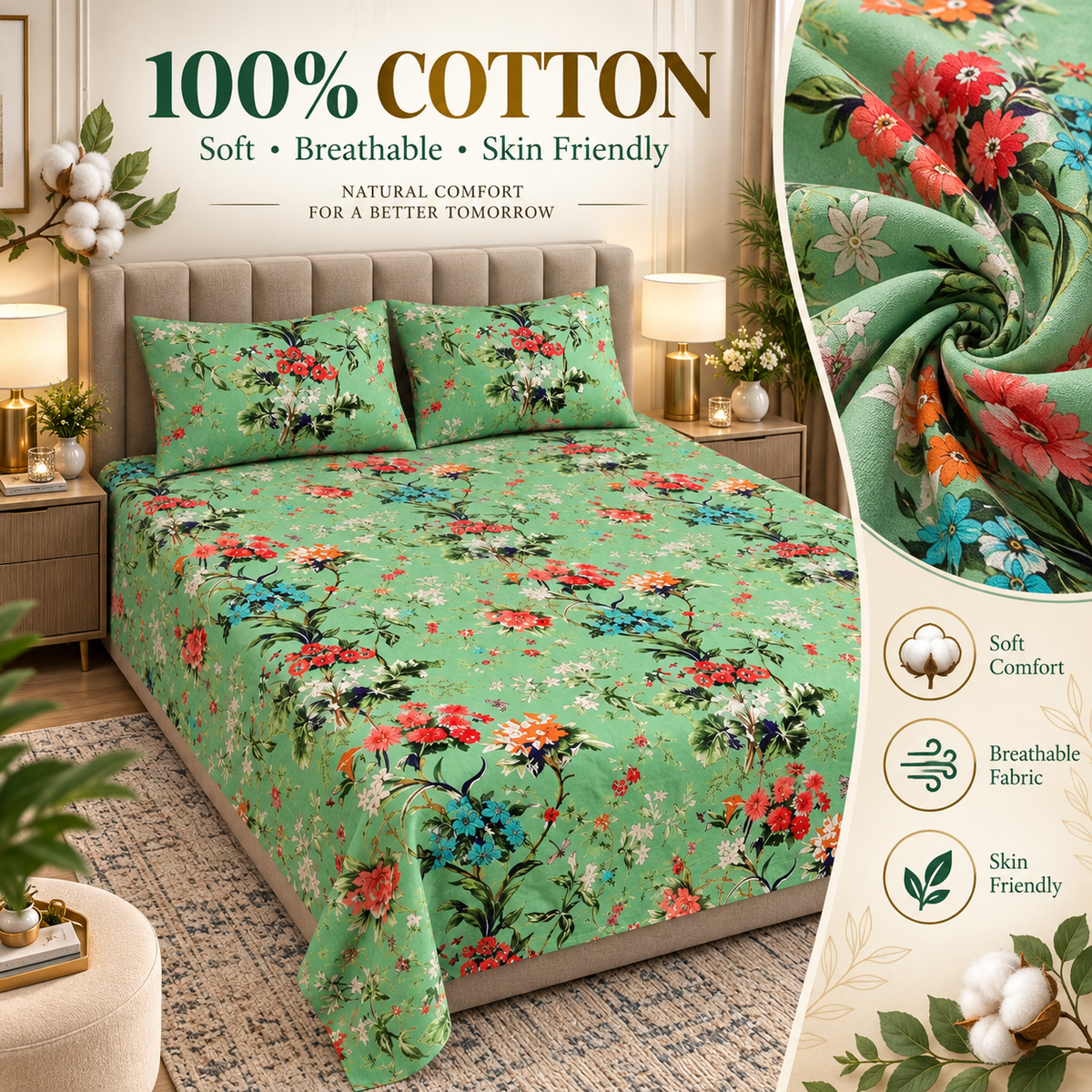 Heavenbirds 300 TC Premium Cotton Bedsheet with 2 Pillow Covers | Ultra Soft & Color Fade Resistant