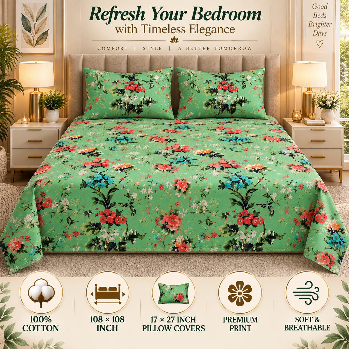 Heavenbirds 300 TC Premium Cotton Bedsheet with 2 Pillow Covers | Ultra Soft & Color Fade Resistant